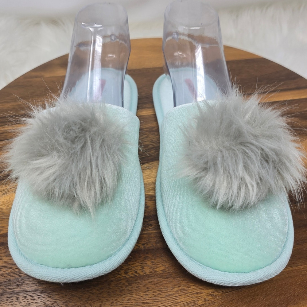 Victoria Secret Mint Green Gray Pom Pom Slides Slippers Women's Medium
